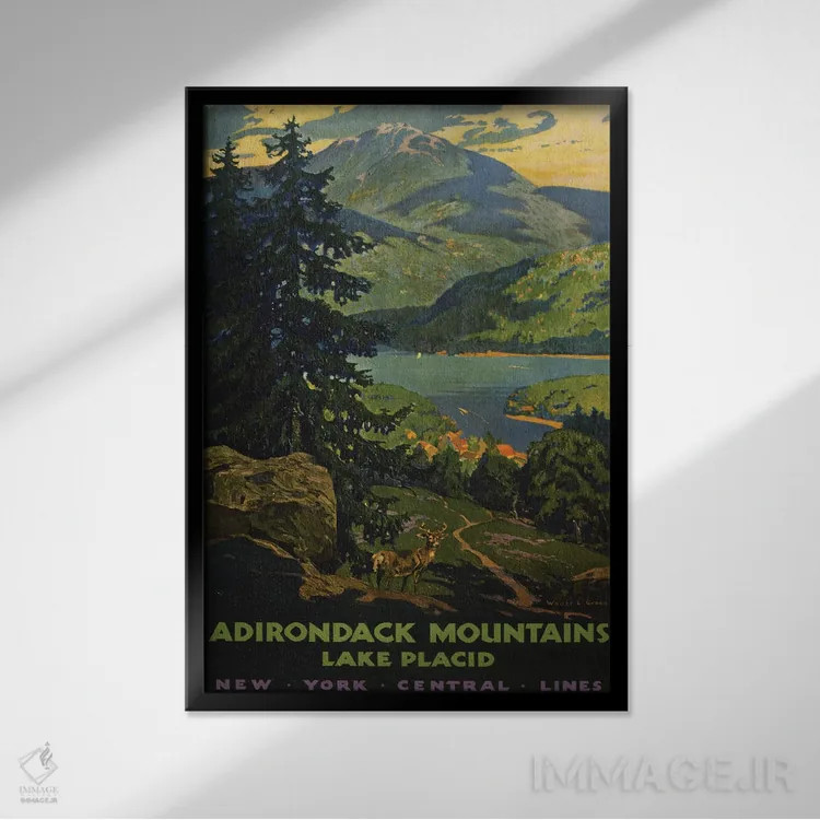 تابلو دکوراتیو A View Of Lake Placid With Stag In The Foreground, Cir… اثر استاک ترک ایمیجز - نمای قابدار مشکی