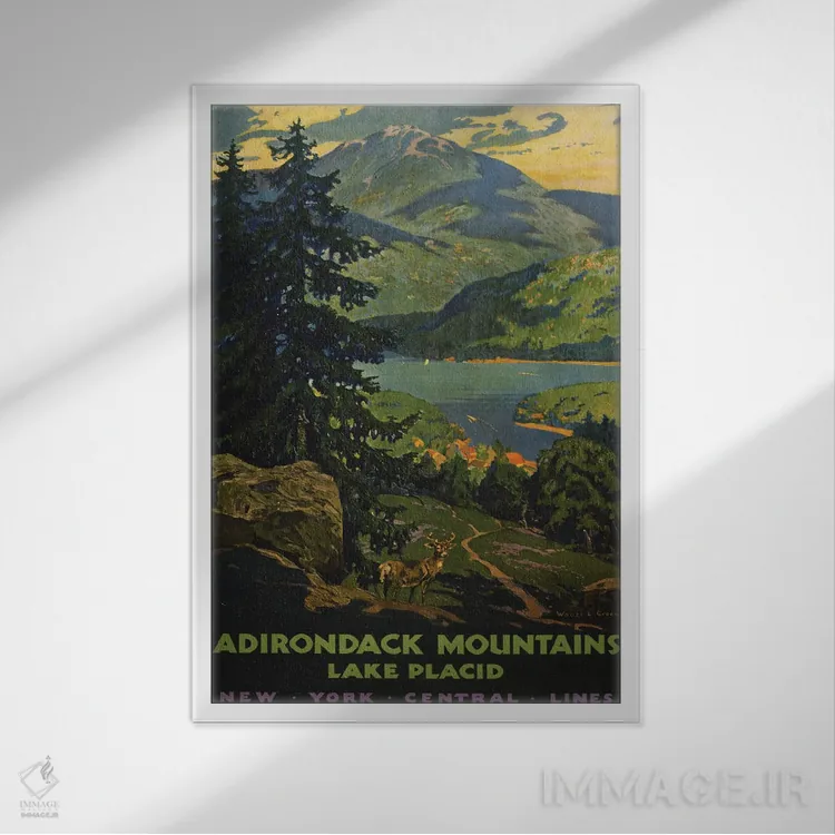تابلو دکوراتیو A View Of Lake Placid With Stag In The Foreground, Cir… اثر استاک ترک ایمیجز - نمای قابدار سفید
