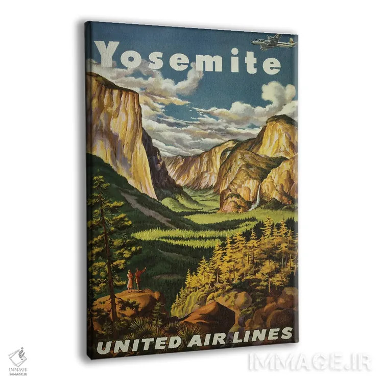 تابلو دکوراتیو Circa 1945,پوستر قدیمی سفر با چشم انداز آبشار یوسمیت و… اثر استاک ترک ایمیجز - نمای پرسپکتیو محصول