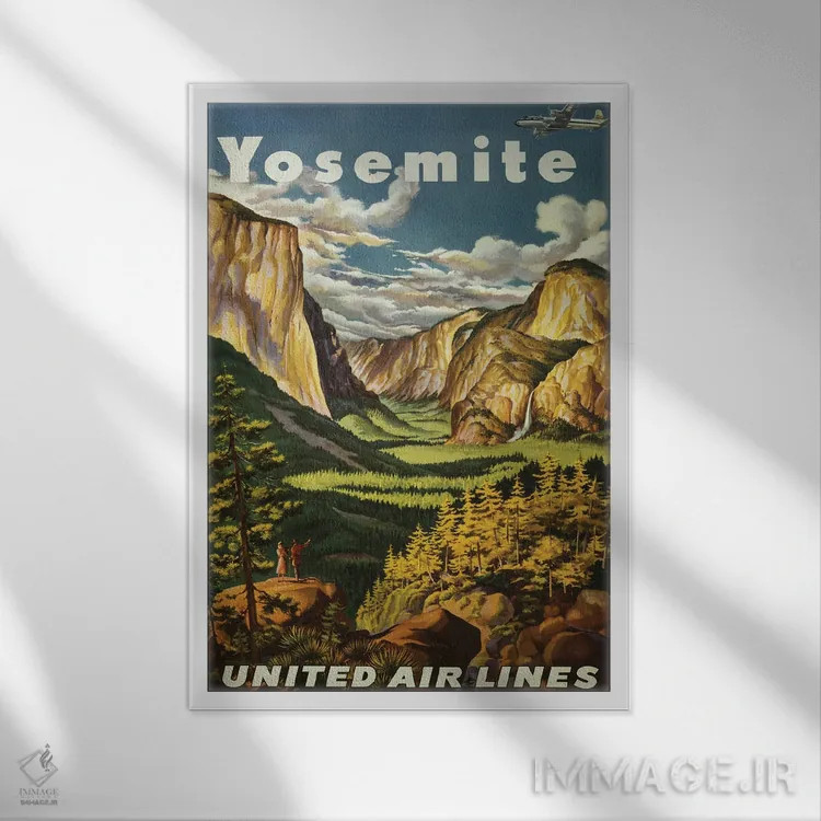 تابلو دکوراتیو Circa 1945,پوستر قدیمی سفر با چشم انداز آبشار یوسمیت و… اثر استاک ترک ایمیجز - نمای قابدار سفید