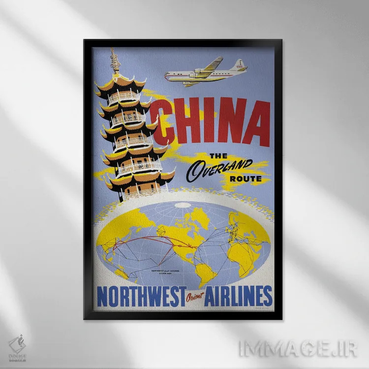 تابلو دکوراتیو Above A Northwest Orient Airlines System Map, Circa 19… اثر استاک ترک ایمیجز - نمای قابدار مشکی