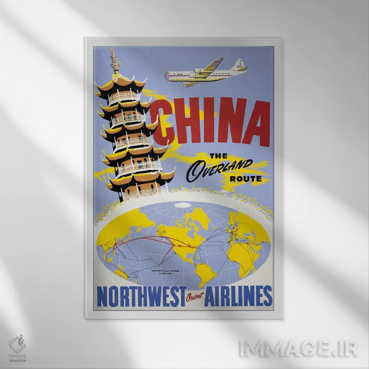 تابلو دکوراتیو Above A Northwest Orient Airlines System Map, Circa 19… اثر استاک ترک ایمیجز - نمای قابدار سفید