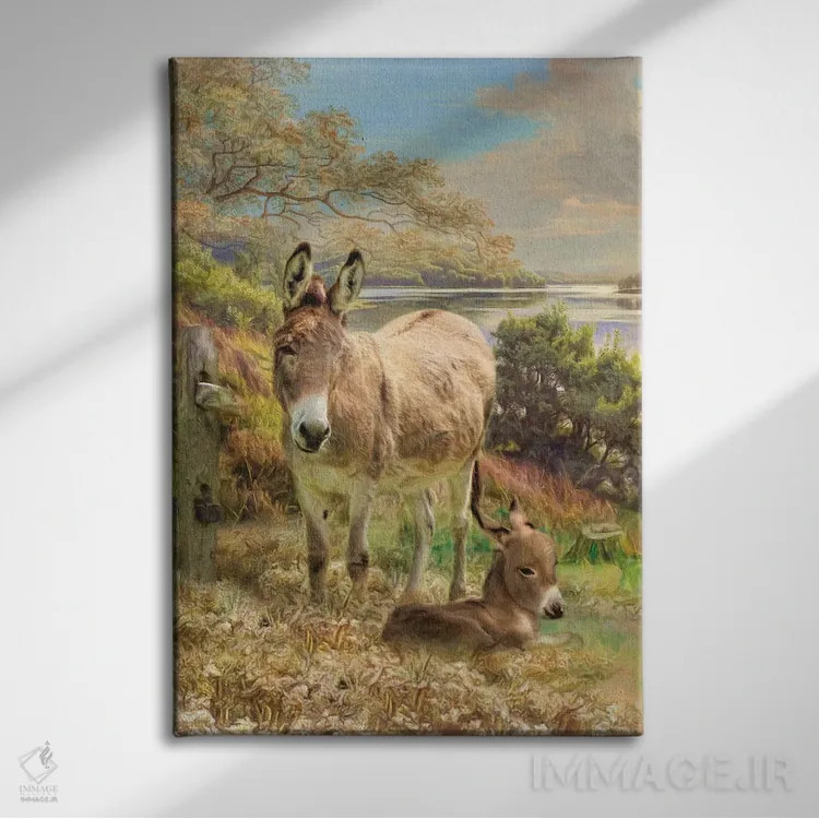 تابلو دکوراتیو الاغ و کره اش اثر ترودی سیموندز - نمای روبهرو روی دیوار