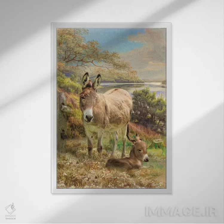 تابلو دکوراتیو الاغ و کره اش اثر ترودی سیموندز - نمای قابدار سفید