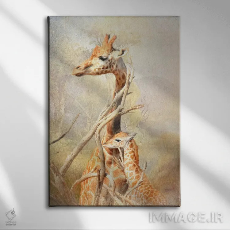 تابلو دکوراتیو زرافه مادر و فرزندش اثر ترودی سیموندز - نمای روبهرو روی دیوار