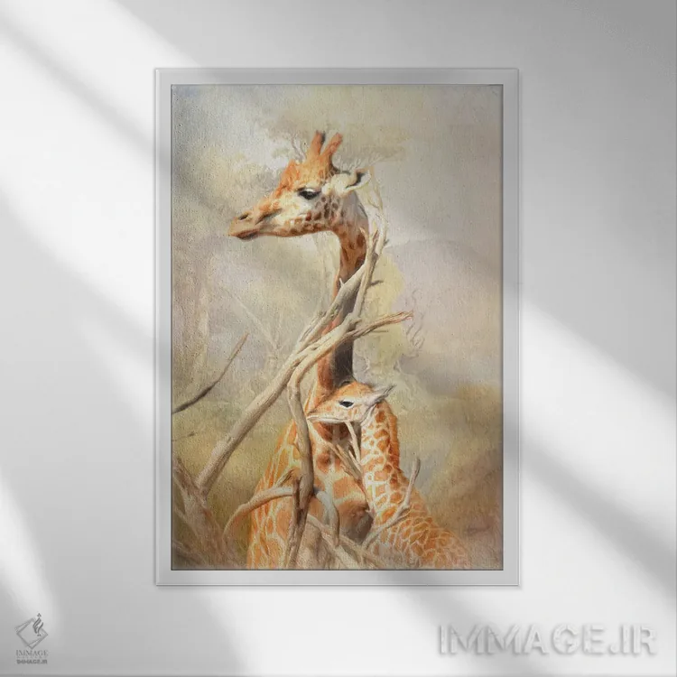 تابلو دکوراتیو زرافه مادر و فرزندش اثر ترودی سیموندز - نمای قابدار سفید