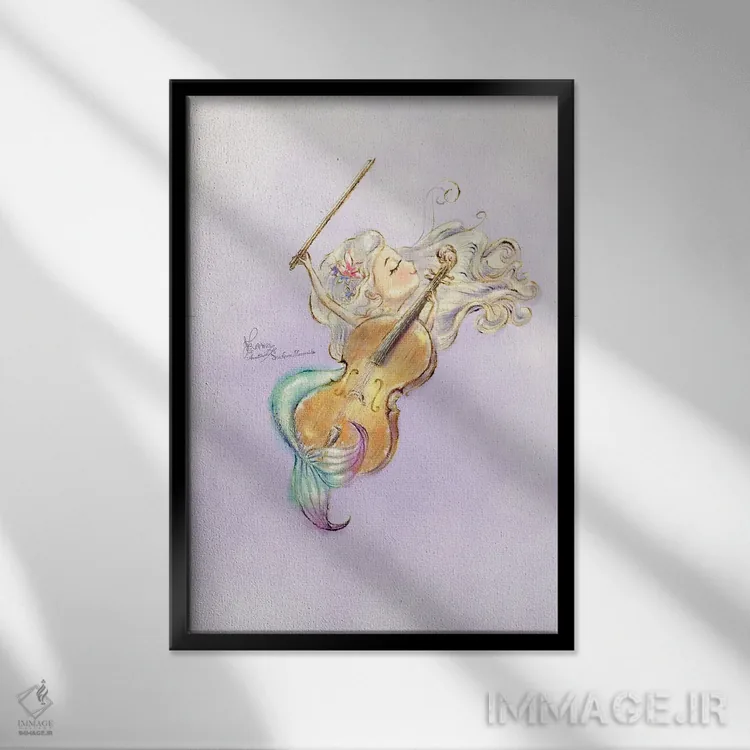 تابلو دکوراتیو پری دریایی سنت آن نوازنده ویولنسل اثر آناستازیا تسای - نمای قابدار مشکی