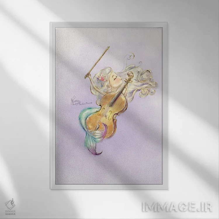 تابلو دکوراتیو پری دریایی سنت آن نوازنده ویولنسل اثر آناستازیا تسای - نمای قابدار سفید