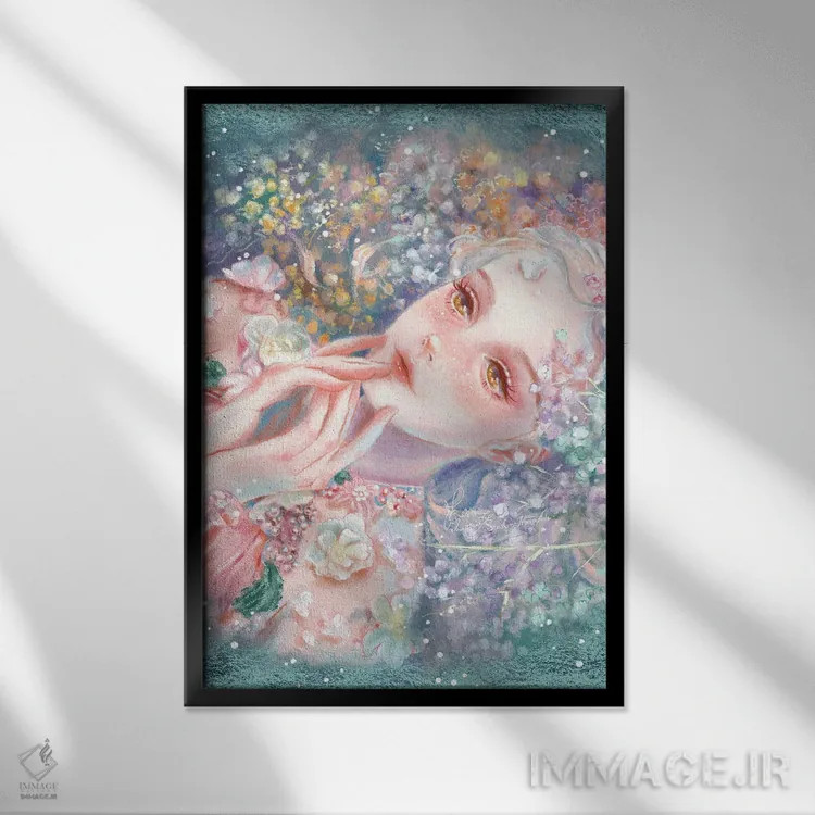 تابلو دکوراتیو پرتره ی گل دار پری دریایی سنت آن اثر آناستازیا تسای - نمای قابدار مشکی