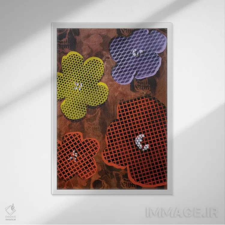 تابلو انتزاعی چهار گل و جمجمه اثر تیلور اسمیت - نمای قابدار سفید