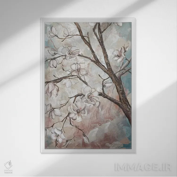 تابلو دکوراتیو شاخه های مگنولیا روی زمینه آبی ۳ اثر استودیوهای تره سورله - نمای قابدار سفید