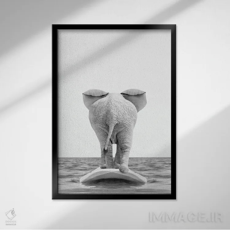تابلو دکوراتیو فیل موج سوار اثر چاپ های تاینی ترژر - نمای قابدار مشکی