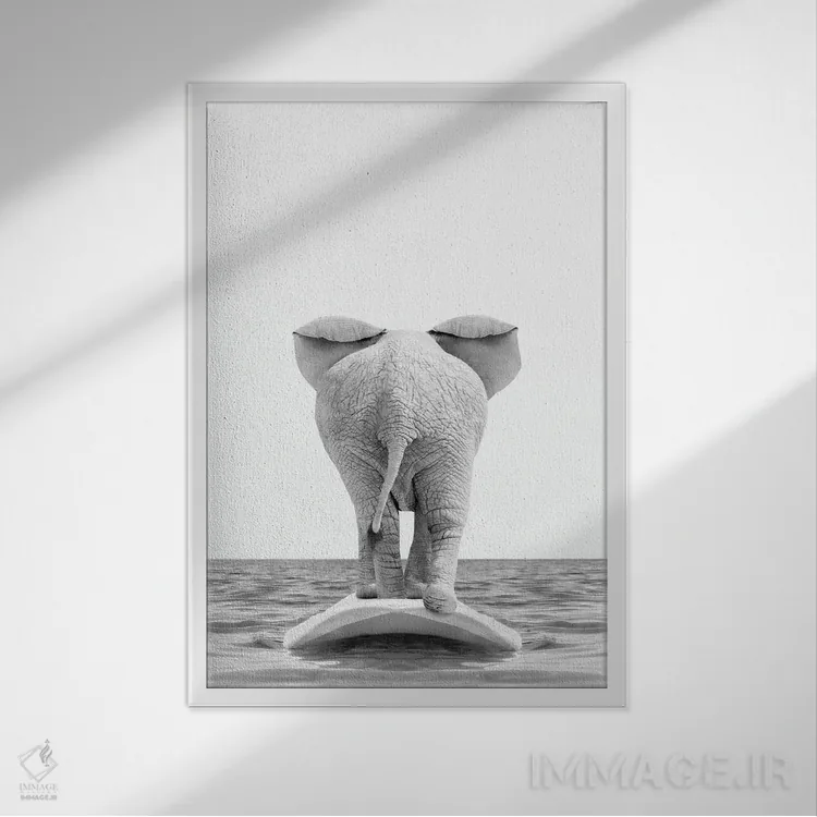 تابلو دکوراتیو فیل موج سوار اثر چاپ های تاینی ترژر - نمای قابدار سفید
