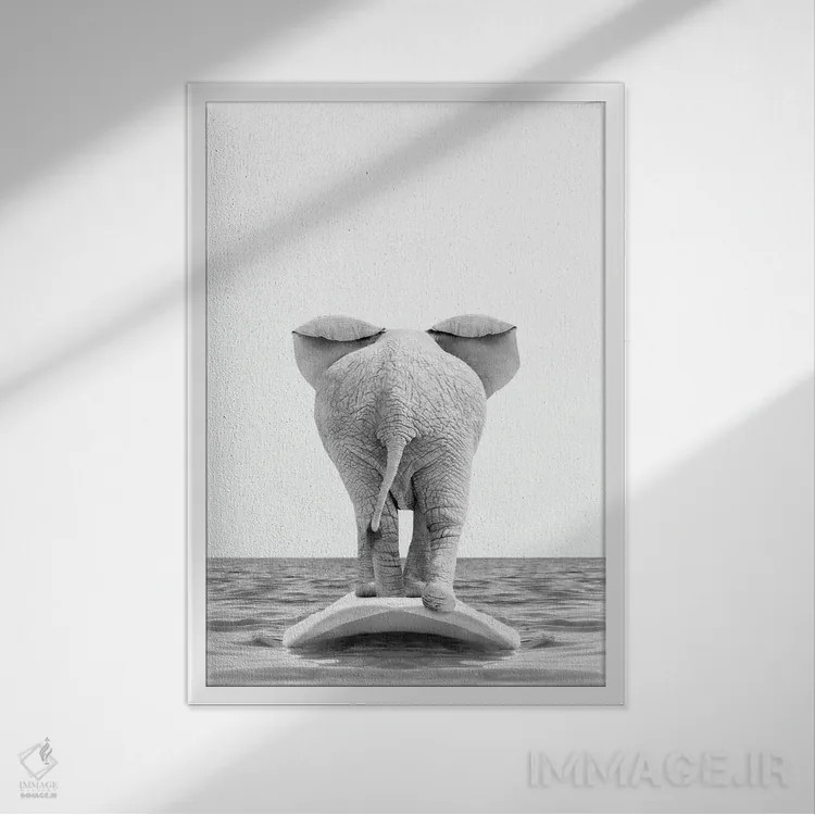 تابلو دکوراتیو فیل موج سوار اثر چاپ های تاینی ترژر - نمای قابدار سفید