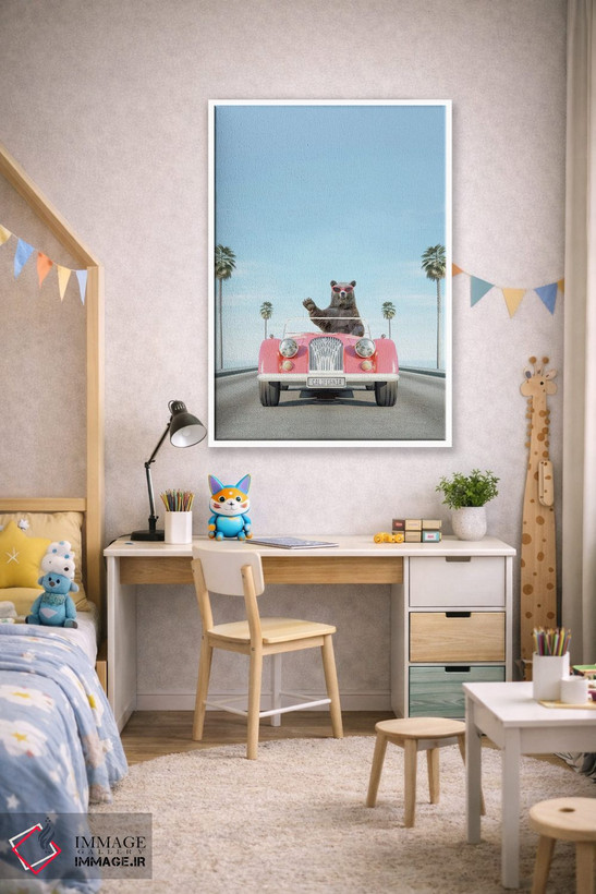 تابلو دکوراتیو ماشین کلاسیک صورتی با خرس اثر چاپ های تاینی ترژر - D1W