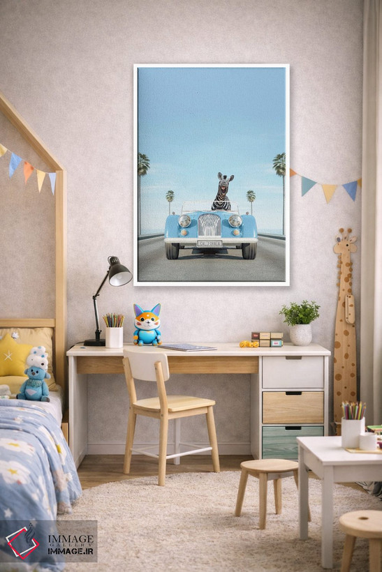 تابلو دکوراتیو ماشین کلاسیک آبی با گورخر اثر چاپ های تاینی ترژر - D1W