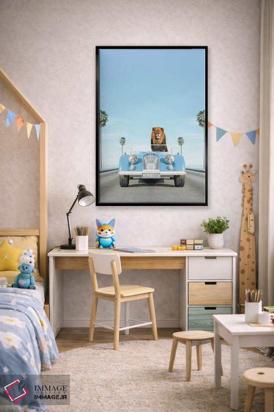 تابلو دکوراتیو ماشین کلاسیک آبی با شیر اثر چاپ های تاینی ترژر - D2B