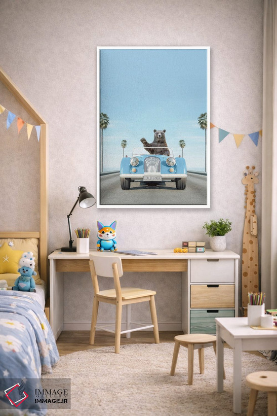 تابلو دکوراتیو ماشین کلاسیک آبی با خرس اثر چاپ های تاینی ترژر - D1W
