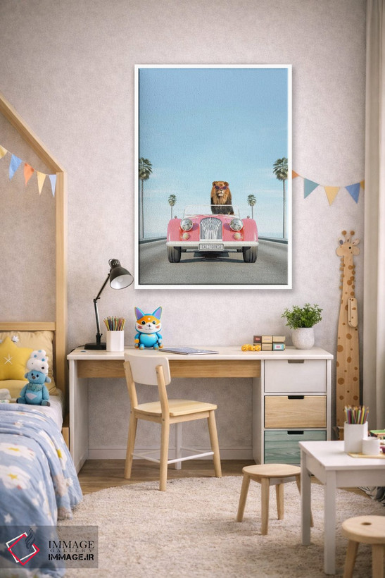 تابلو دکوراتیو ماشین کلاسیک صورتی با شیر اثر چاپ های تاینی ترژر - D1W
