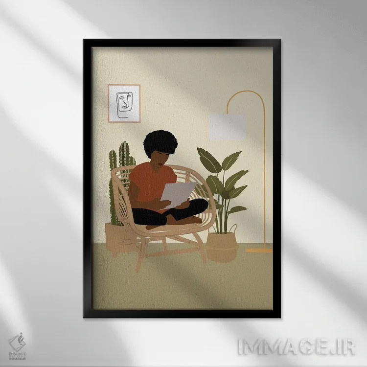 تابلو مینیمال هنر دختر کتاب خوان اثر تایسی سیج - نمای قابدار مشکی