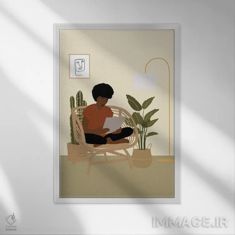تابلو مینیمال هنر دختر کتاب خوان اثر تایسی سیج - نمای قابدار سفید