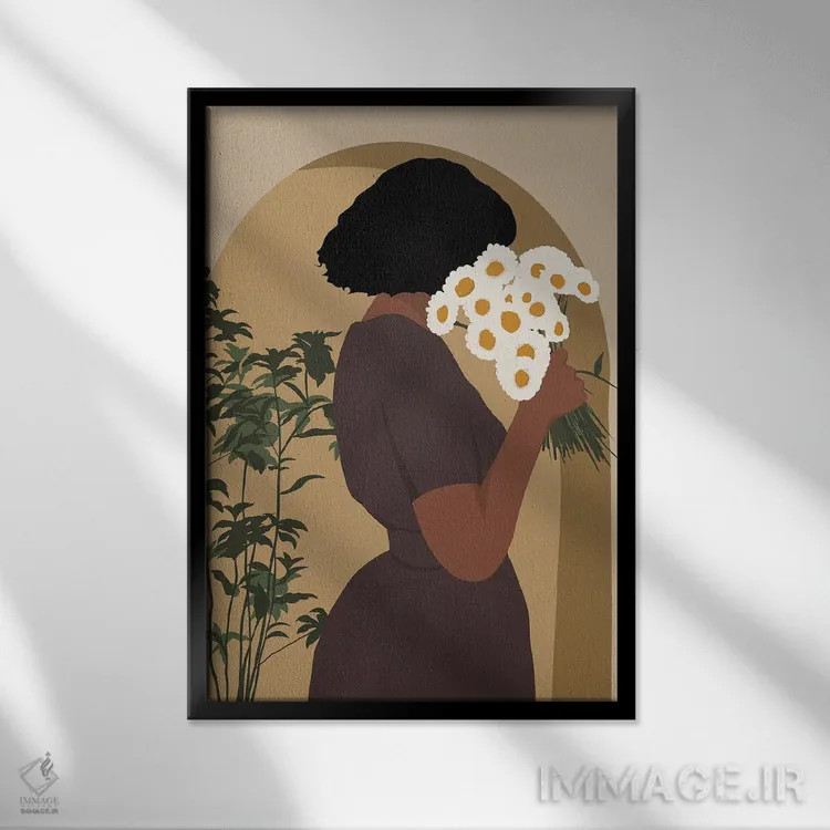 تابلو مدرن دختر گل دار سیاه پوست اثر تایسی سیج - نمای قابدار مشکی