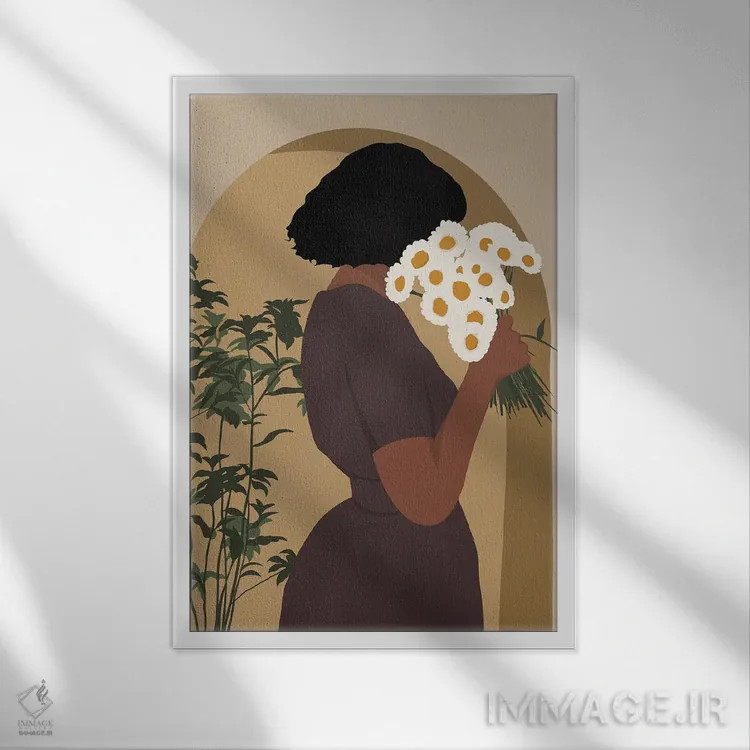 تابلو مدرن دختر گل دار سیاه پوست اثر تایسی سیج - نمای قابدار سفید