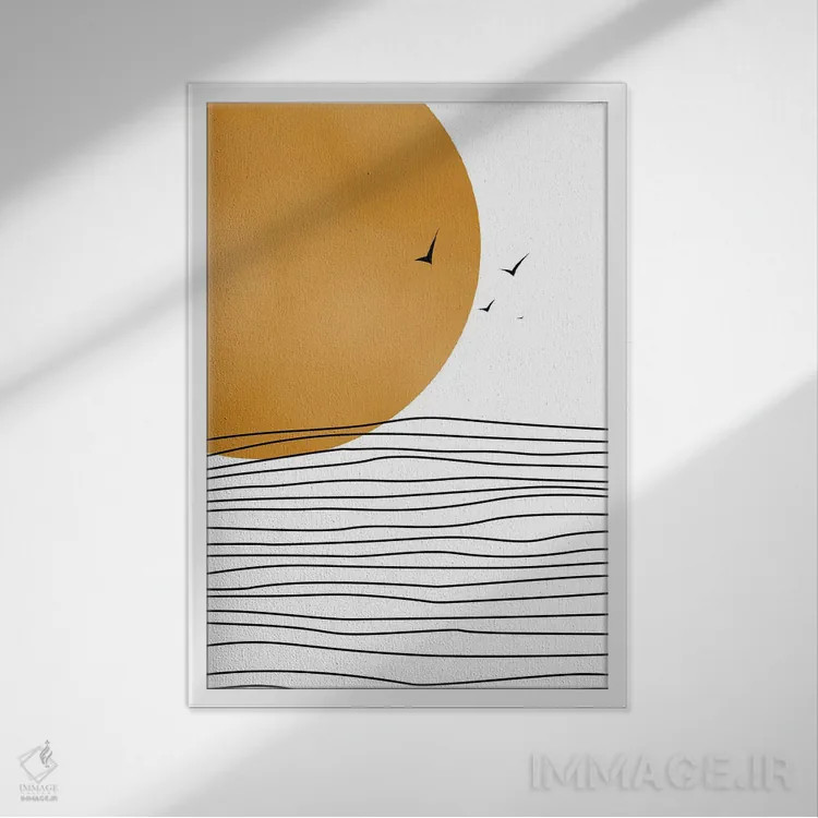 تابلو مینیمال هنر انتزاعی غروب خورشید اثر تایسی سیج - نمای قابدار سفید