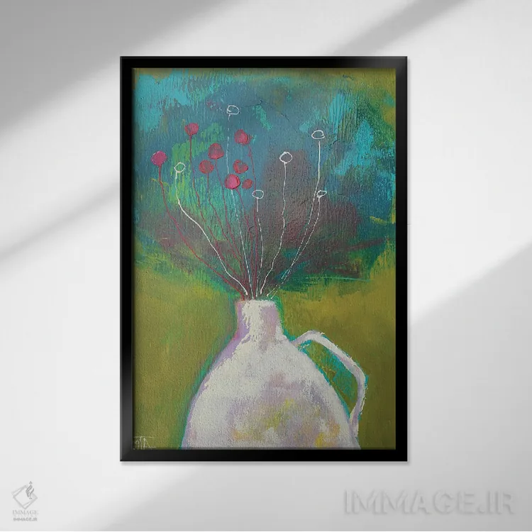 تابلو انتزاعی دسته گل زمستانی در گلدان سفید اثر تاتیانا آوشوا - نمای قابدار مشکی