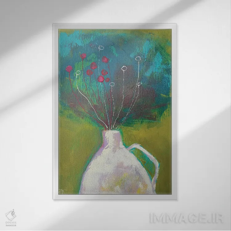 تابلو انتزاعی دسته گل زمستانی در گلدان سفید اثر تاتیانا آوشوا - نمای قابدار سفید