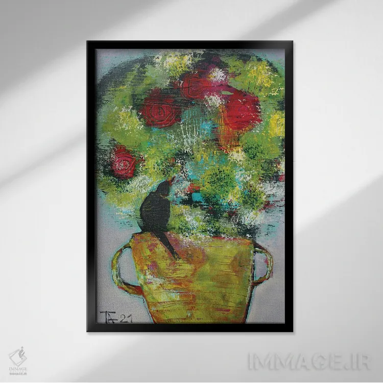 تابلو انتزاعی دسته گل تابستانی با پرنده اثر تاتیانا آوشوا - نمای قابدار مشکی