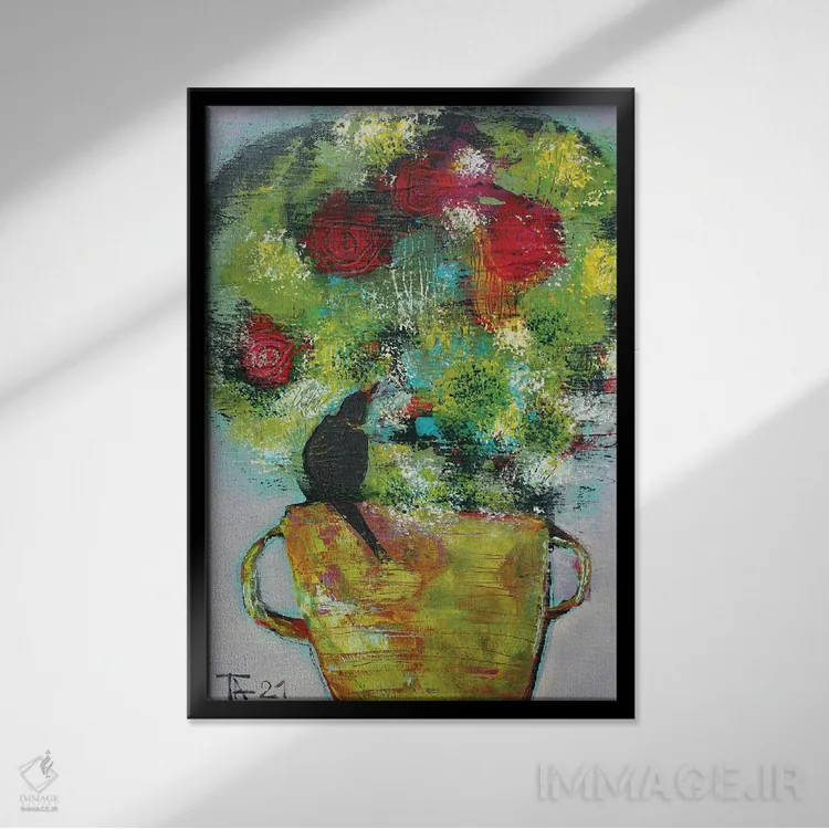 تابلو انتزاعی دسته گل تابستانی با پرنده اثر تاتیانا آوشوا - نمای قابدار مشکی