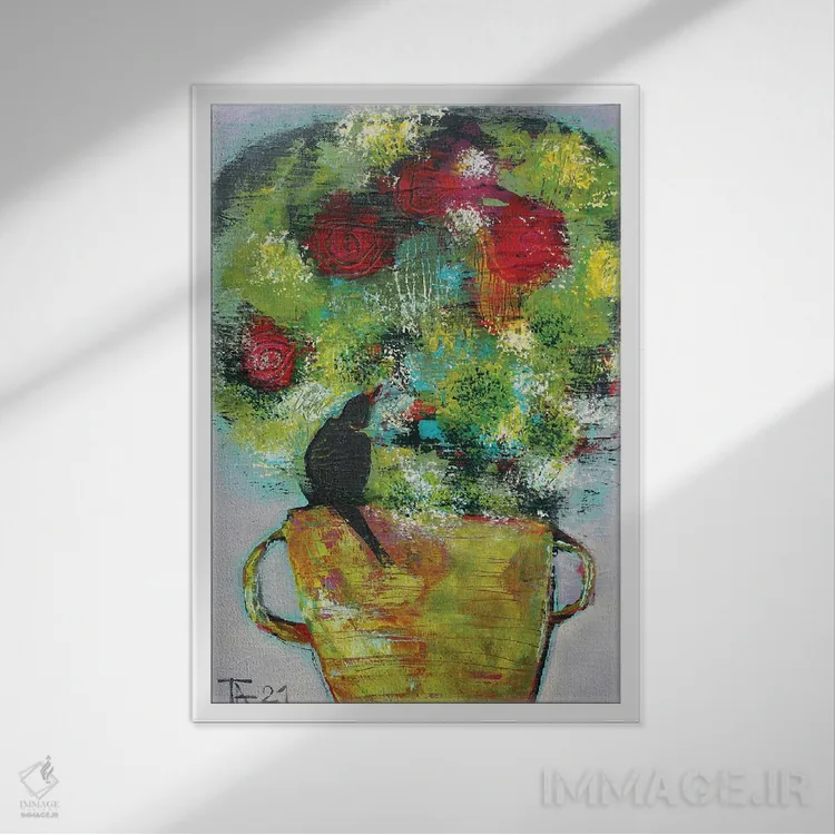 تابلو انتزاعی دسته گل تابستانی با پرنده اثر تاتیانا آوشوا - نمای قابدار سفید