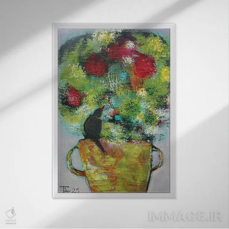 تابلو انتزاعی دسته گل تابستانی با پرنده اثر تاتیانا آوشوا - نمای قابدار سفید