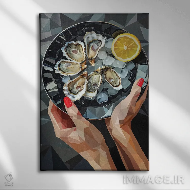 تابلو دکوراتیو طبیعت بی جان با صدف روی بشقاب سیاه اثر ماریا توژیلکینا - نمای روبهرو روی دیوار