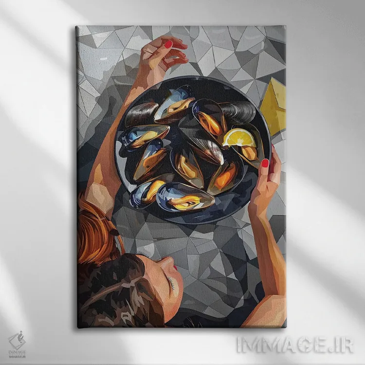 تابلو دکوراتیو طبیعت بی جان با صدف دوکپه ای و دستمال زرد اثر ماریا توژیلکینا - نمای روبهرو روی دیوار
