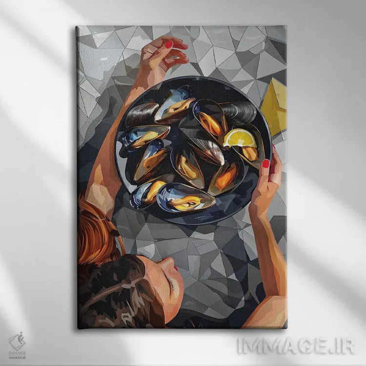 تابلو دکوراتیو طبیعت بی جان با صدف دوکپه ای و دستمال زرد اثر ماریا توژیلکینا - نمای روبهرو روی دیوار