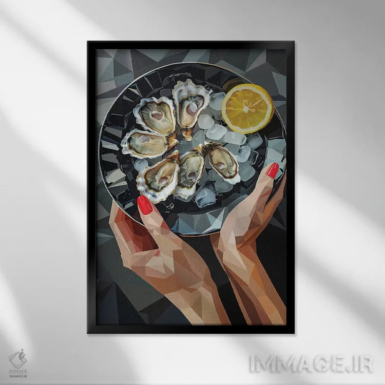 تابلو دکوراتیو طبیعت بی جان با صدف روی بشقاب سیاه اثر ماریا توژیلکینا - نمای قابدار مشکی