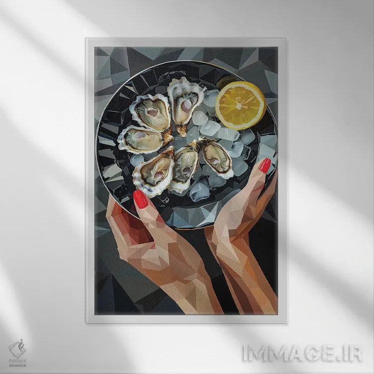 تابلو دکوراتیو طبیعت بی جان با صدف روی بشقاب سیاه اثر ماریا توژیلکینا - نمای قابدار سفید
