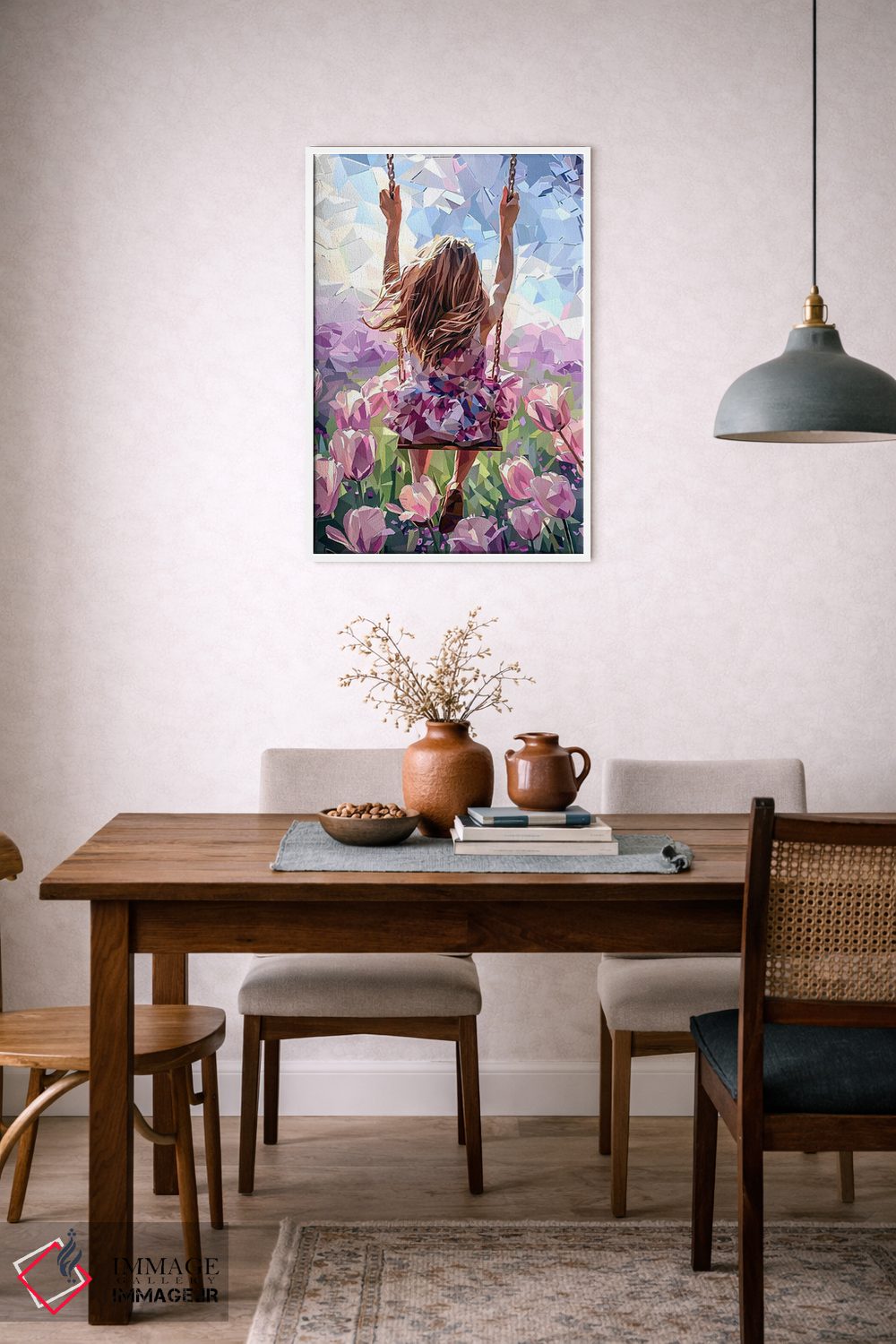 تابلو دکوراتیو دختر روی تاب در مزرعه لاله های صورتی اثر ماریا توژیلکینا - D5W