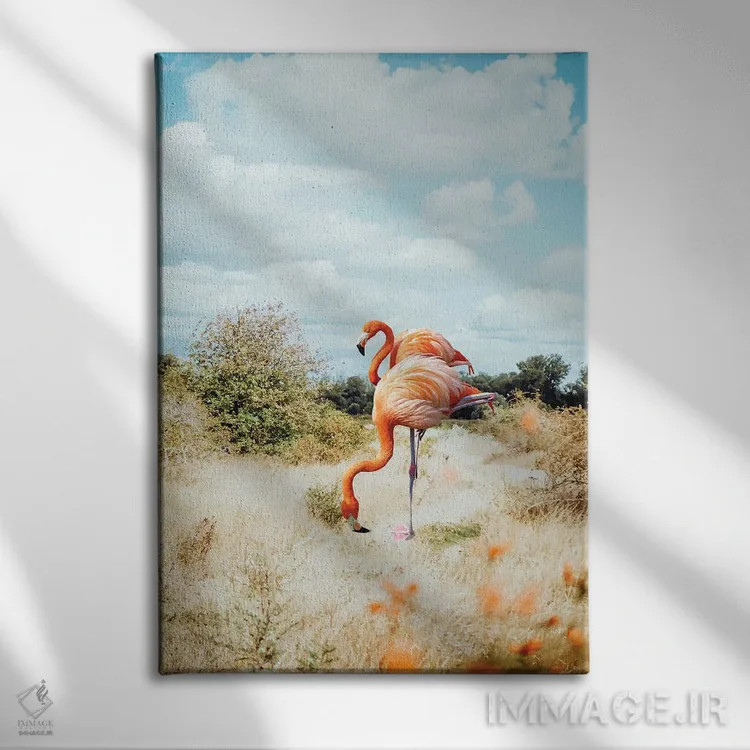 تابلو دکوراتیو زوج فلامینگو اثر ۸۳ پرتقال - نمای روبهرو روی دیوار