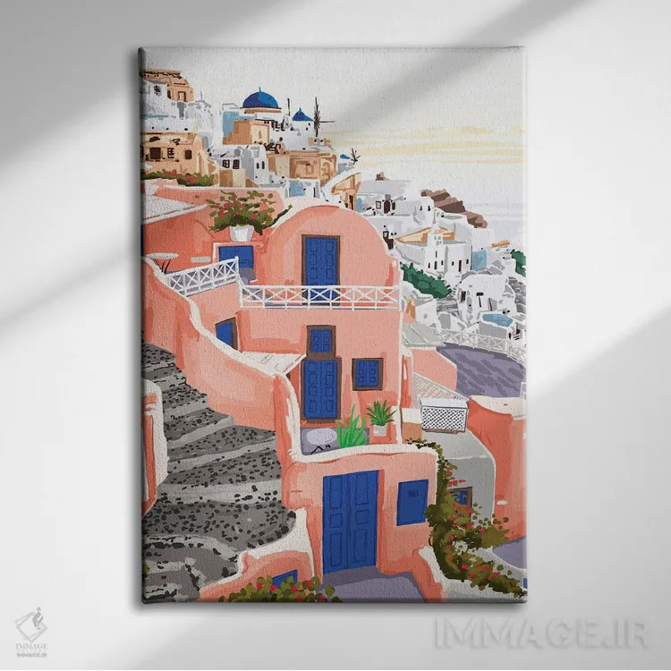 تابلو دکوراتیو معماری سانتورینی یونان اثر ۸۳ پرتقال - نمای روبهرو روی دیوار