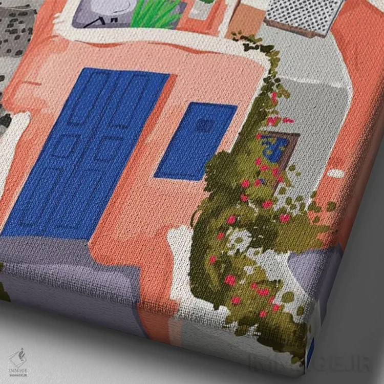 تابلو دکوراتیو معماری سانتورینی یونان اثر ۸۳ پرتقال - نمای نزدیک بافت بوم