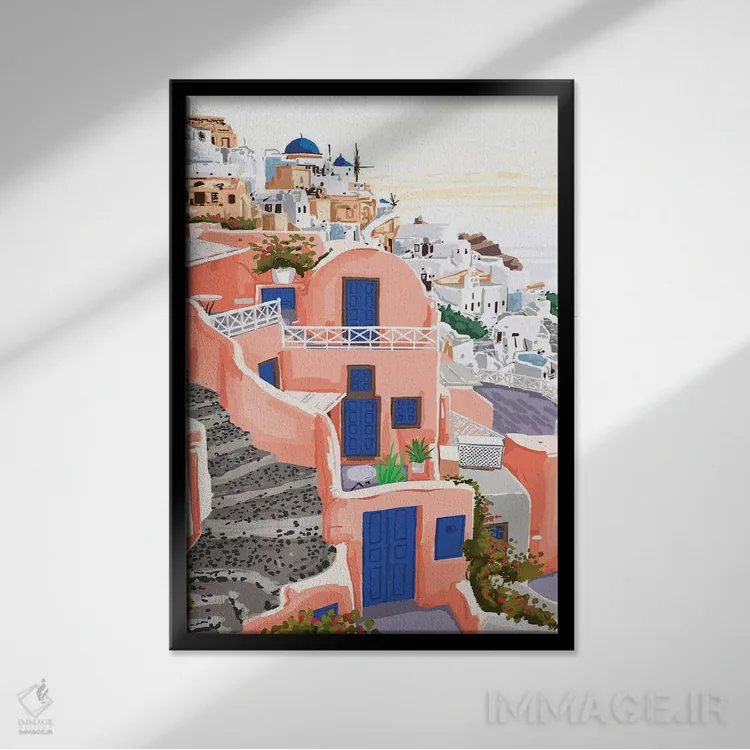 تابلو دکوراتیو معماری سانتورینی یونان اثر ۸۳ پرتقال - نمای قابدار مشکی