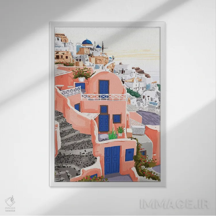 تابلو دکوراتیو معماری سانتورینی یونان اثر ۸۳ پرتقال - نمای قابدار سفید