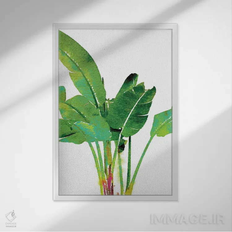 تابلو دکوراتیو آبرنگ برگ های موز استوایی اثر ۸۳ پرتقال - نمای قابدار سفید