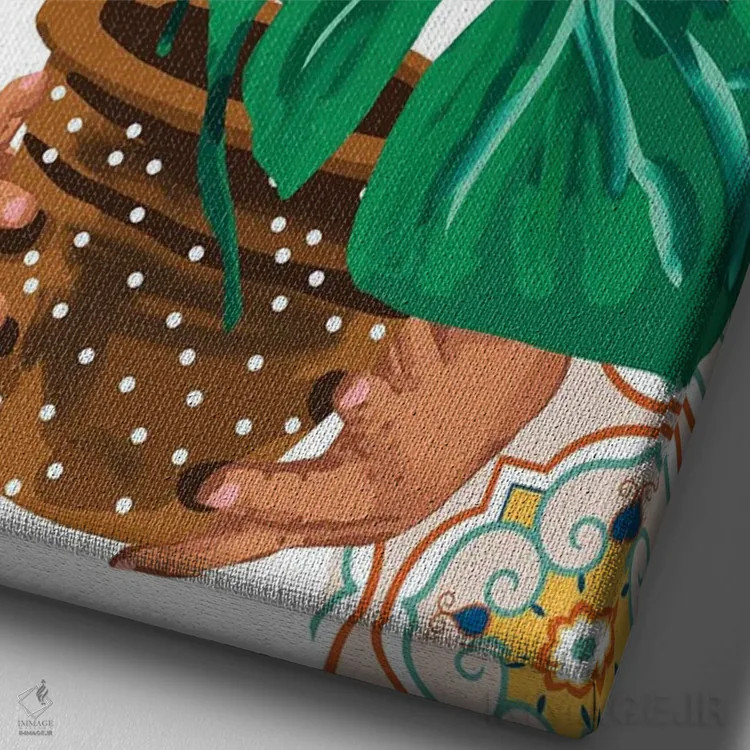 تابلو دکوراتیو بانوی گیاه مونسترا اثر ۸۳ پرتقال - نمای نزدیک بافت بوم