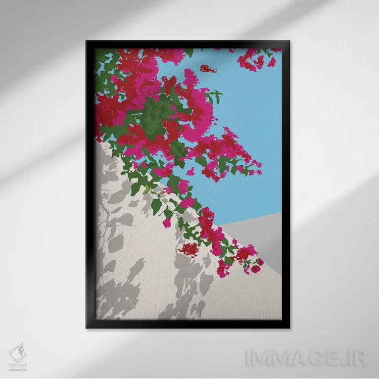 تابلو دکوراتیو شکوفه کاغذی، سفر تابستانی به یونان مناطق گرمسیری اثر ۸۳ پرتقال - نمای قابدار مشکی