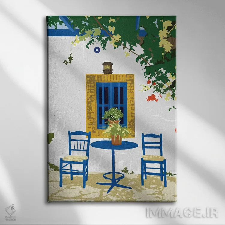 تابلو دکوراتیو تعطیلات یونانی برای دو نفر اثر ۸۳ پرتقال - نمای روبهرو روی دیوار