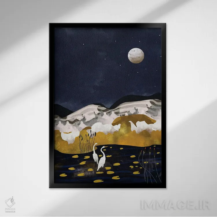 تابلو مدرن دریاچه نیمه شب اثر ۸۳ پرتقال - نمای قابدار مشکی